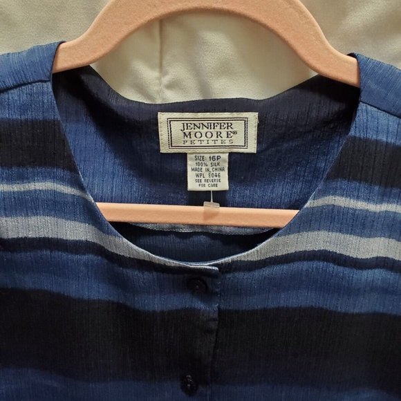 Jennifer Moore 100% Silk Shirt Woman Size 16 Petite  Blue stripes button boho - Picture 11 of 12